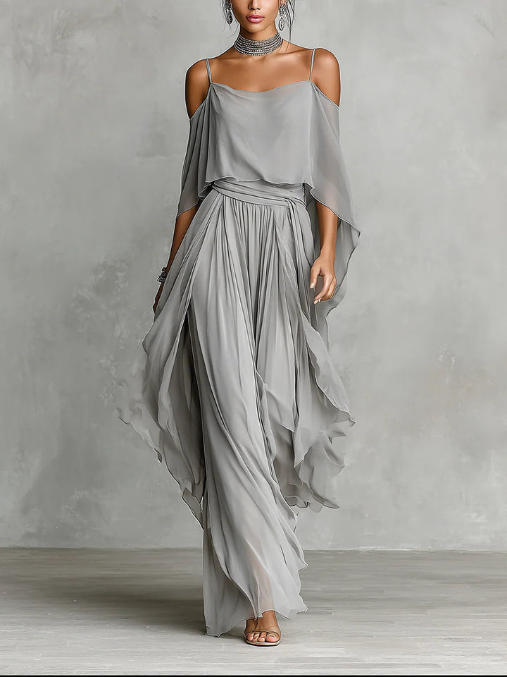 Isabella | Cold-Shoulder Drape Top & Flowing Chiffon Trouser Set