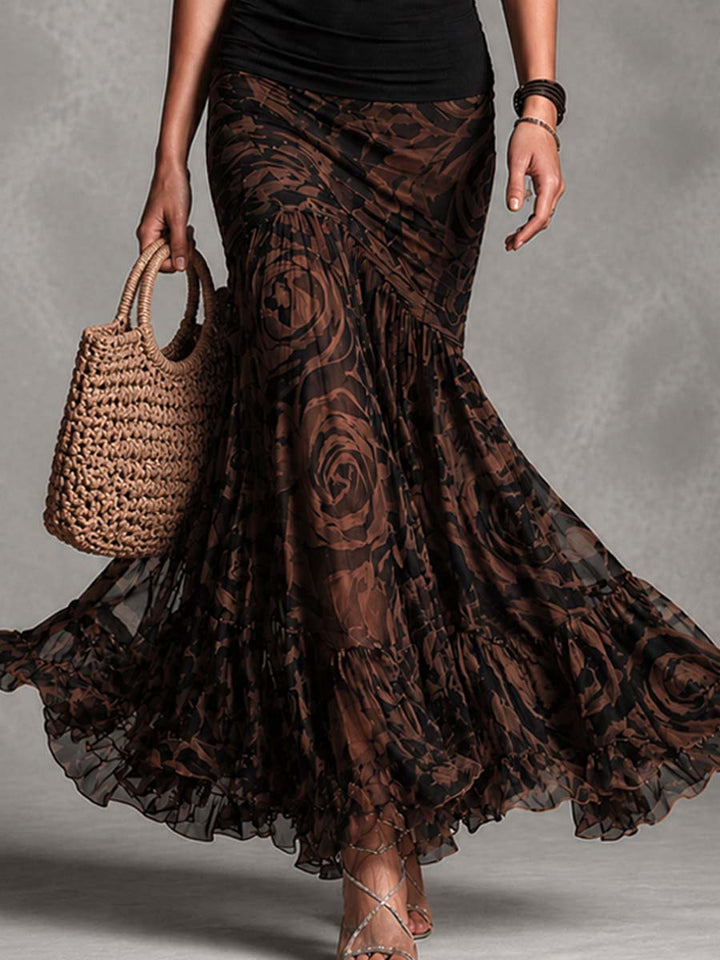 Selena | Ruched Tank Top & Rose Print Mesh Mermaid Skirt Set