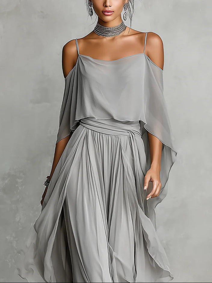 Isabella | Cold-Shoulder Drape Top & Flowing Chiffon Trouser Set