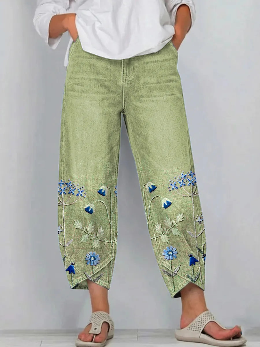 Purple | Floral Embroidered Casual Trousers