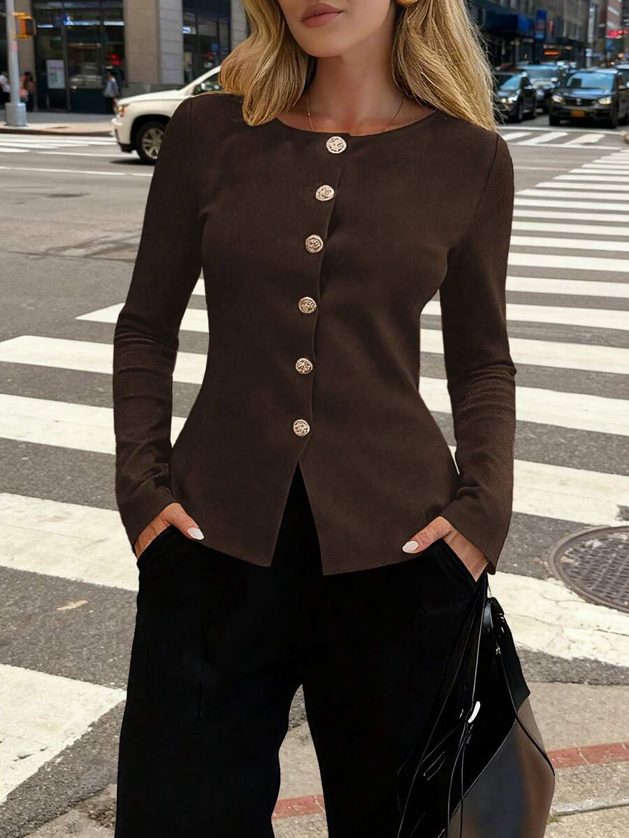 Elizabeth Slim-Fit Non-Woven Cardigan with Decorative Hardware