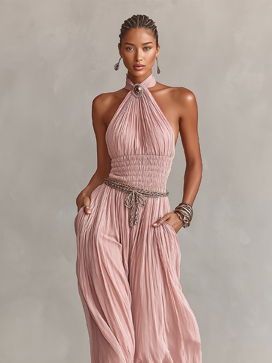 Sabrina | Brooch Halter Neck Ruched Waist Pleated Jumpsuit