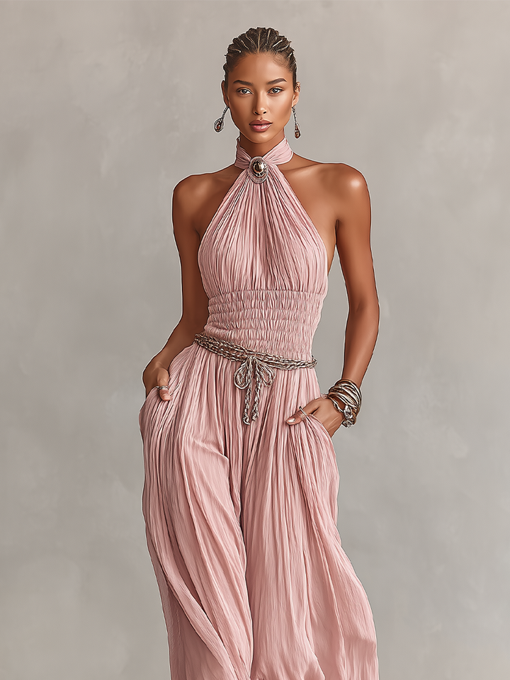 Sabrina | Brooch Halter Neck Ruched Waist Pleated Jumpsuit