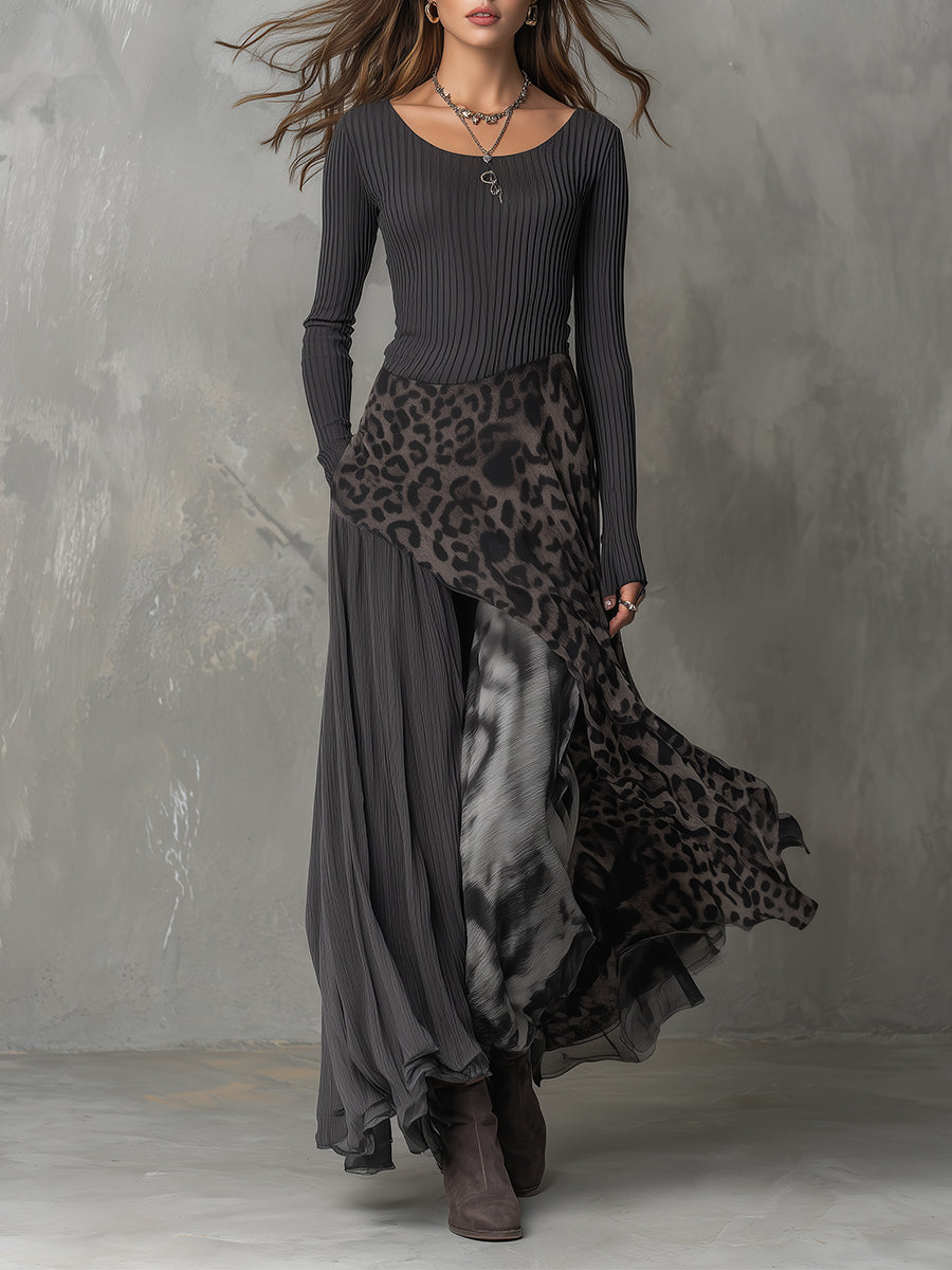 Martina | Ribbed Knit Top & Leopard Print Chiffon Maxi Skirt Set