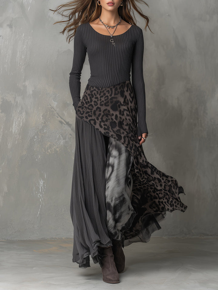 Martina | Ribbed Knit Top & Leopard Print Chiffon Maxi Skirt Set