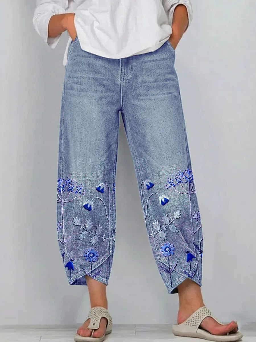 Purple | Floral Embroidered Casual Trousers