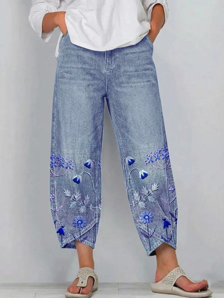 Purple | Floral Embroidered Casual Trousers