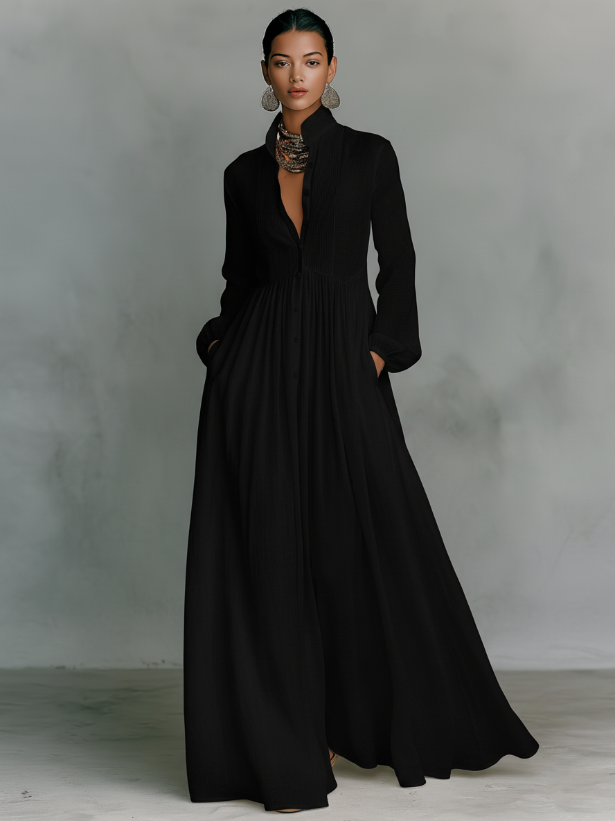 Octavia | Pintuck Bib Stand-Collar Maxi Dress