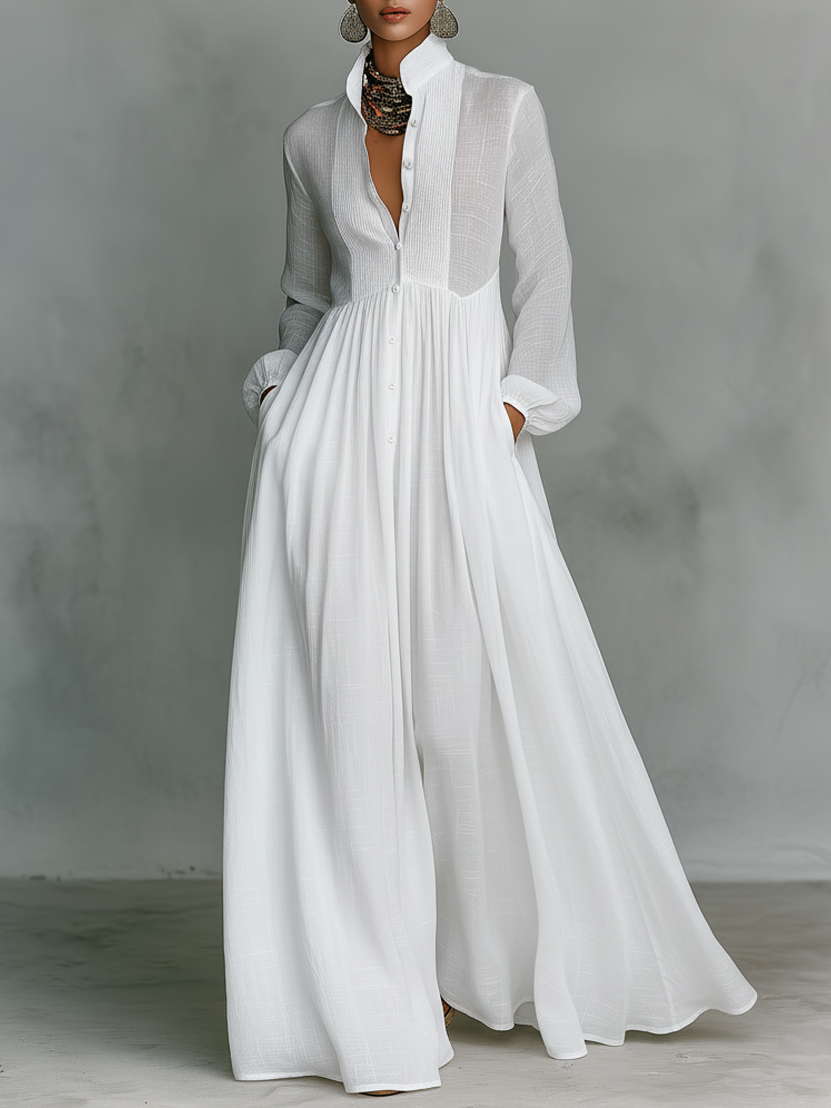 Octavia | Pintuck Bib Stand-Collar Maxi Dress