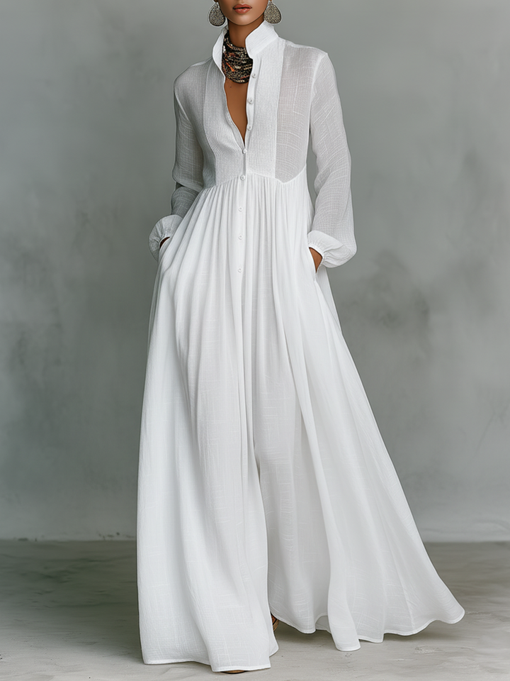 Octavia | Pintuck Bib Stand-Collar Maxi Dress