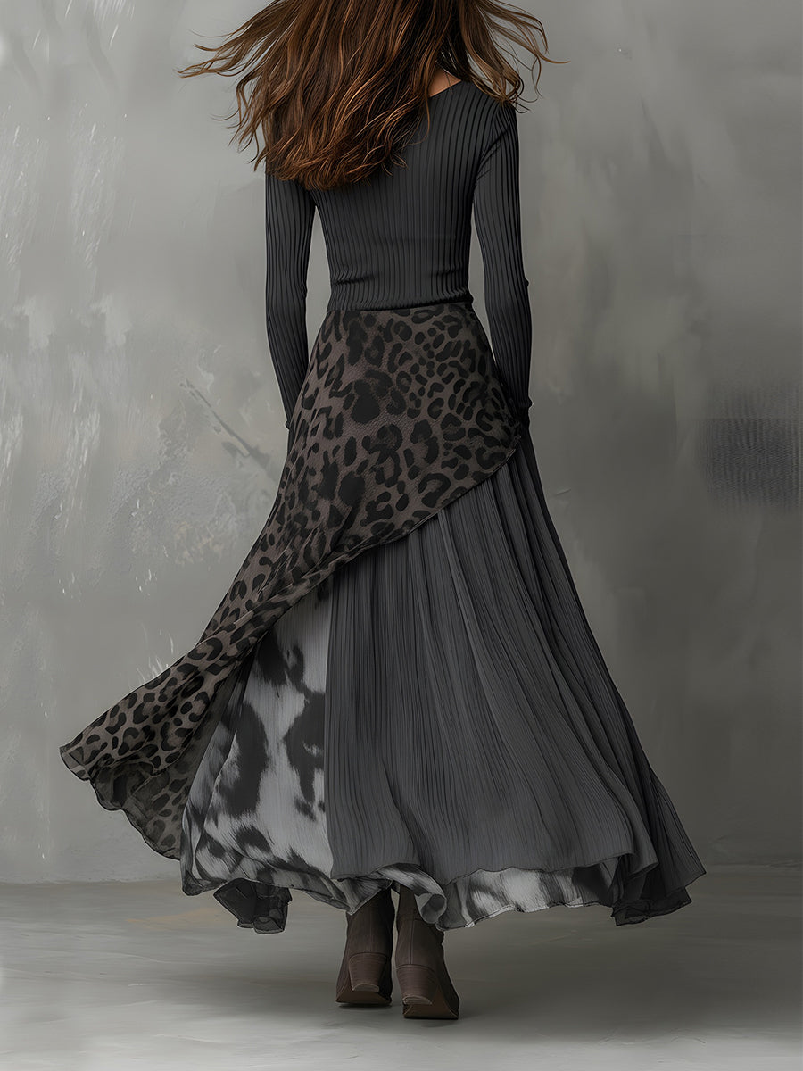 Martina | Ribbed Knit Top & Leopard Print Chiffon Maxi Skirt Set