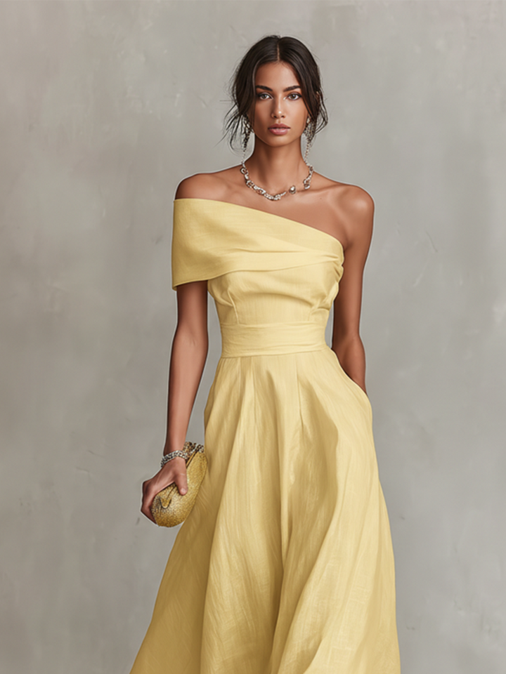 Olive | One-Shoulder Pleated Midi Dress