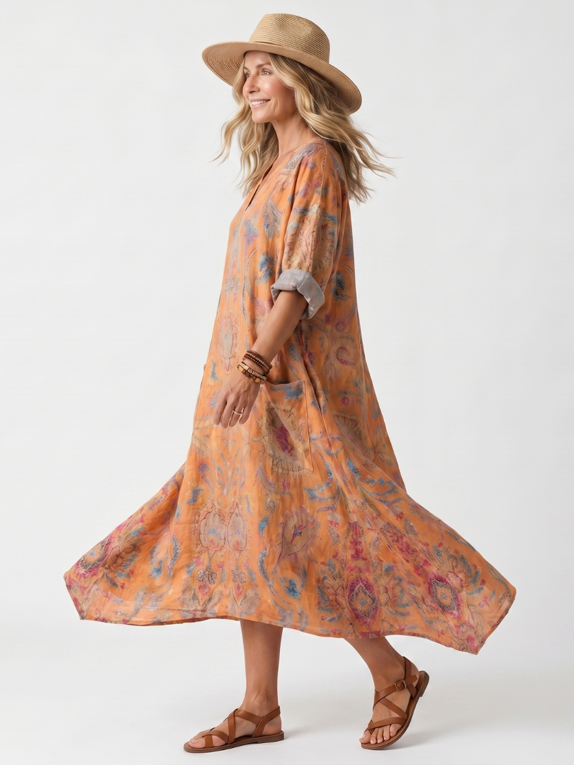Remi | Printed Oversized V-Neck Pocket Maxi Dress
