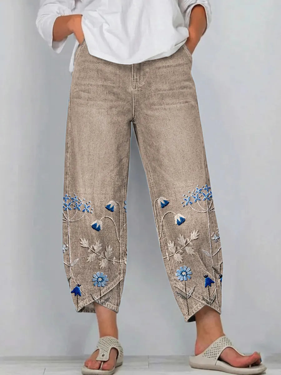 Purple | Floral Embroidered Casual Trousers