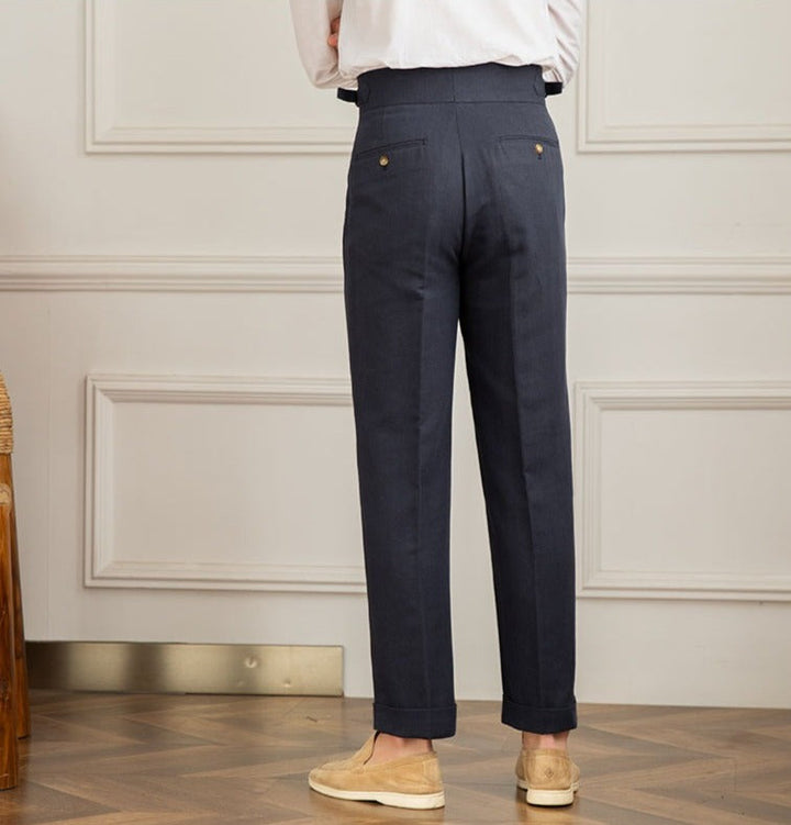 Casino Royale Linen Blend Double Pleated Straight Fit Trousers