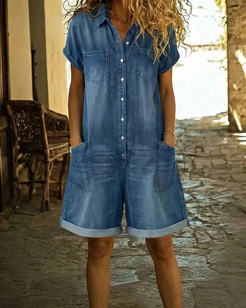 Paola | Button-Front Denim Short Jumpsuit