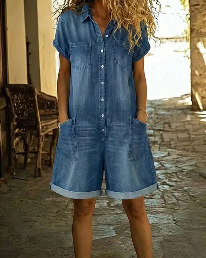 Paola | Button-Front Denim Short Jumpsuit