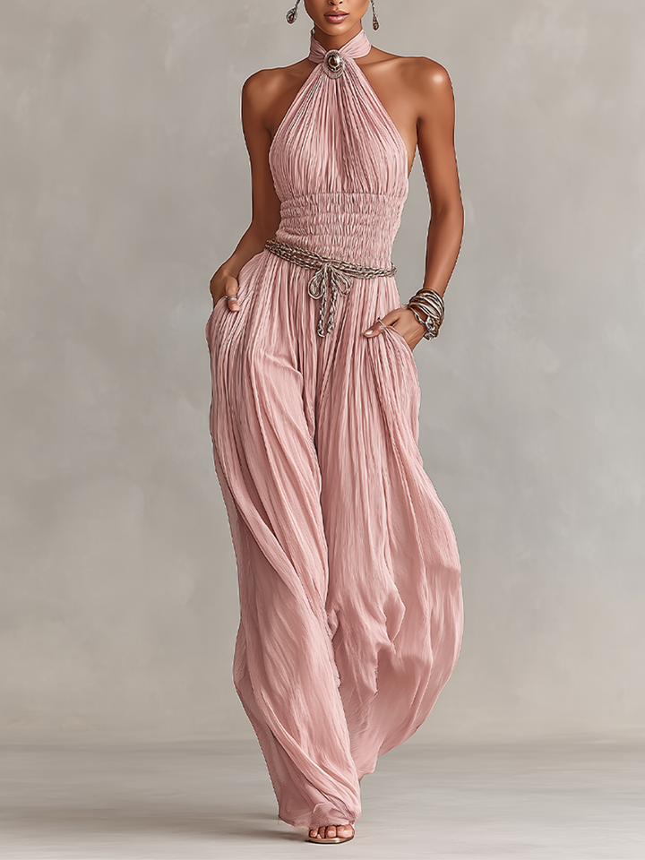 Sabrina | Brooch Halter Neck Ruched Waist Pleated Jumpsuit