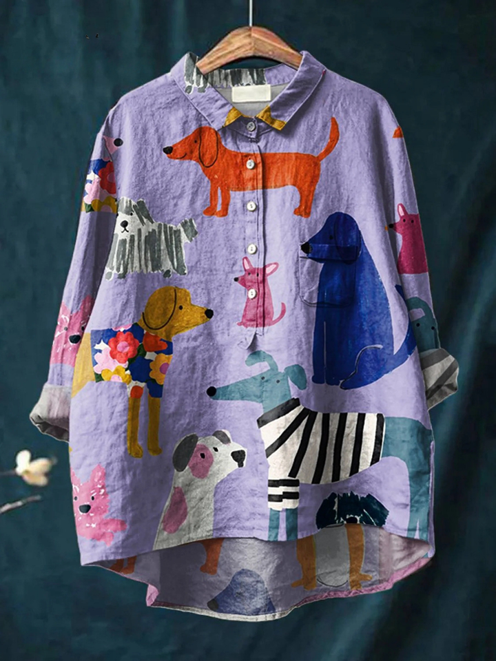 Skylar Playful Artsy Dog Print Knit Blouse