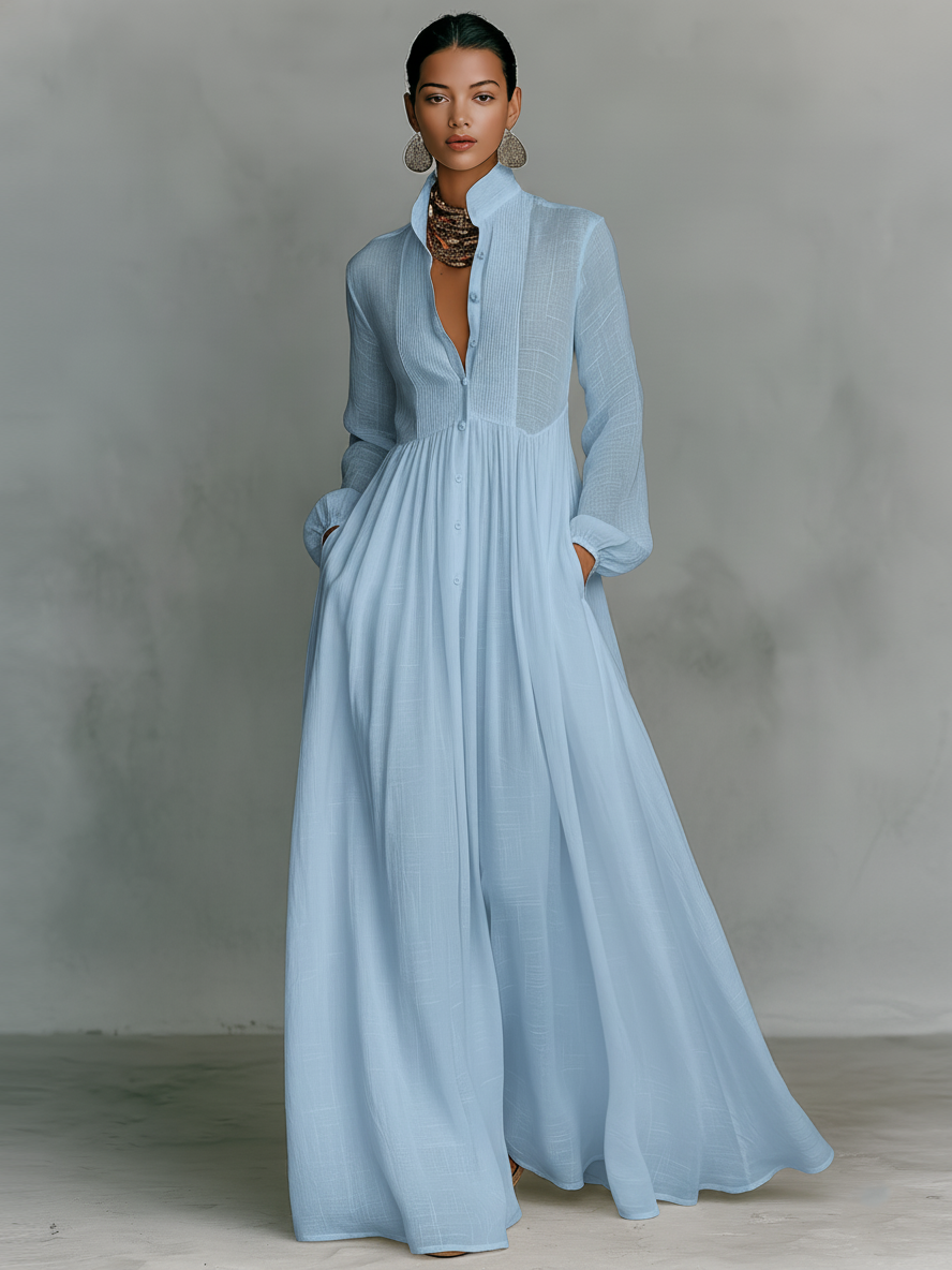 Octavia | Pintuck Bib Stand-Collar Maxi Dress