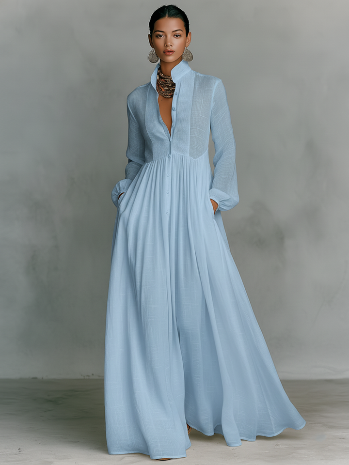 Octavia | Pintuck Bib Stand-Collar Maxi Dress