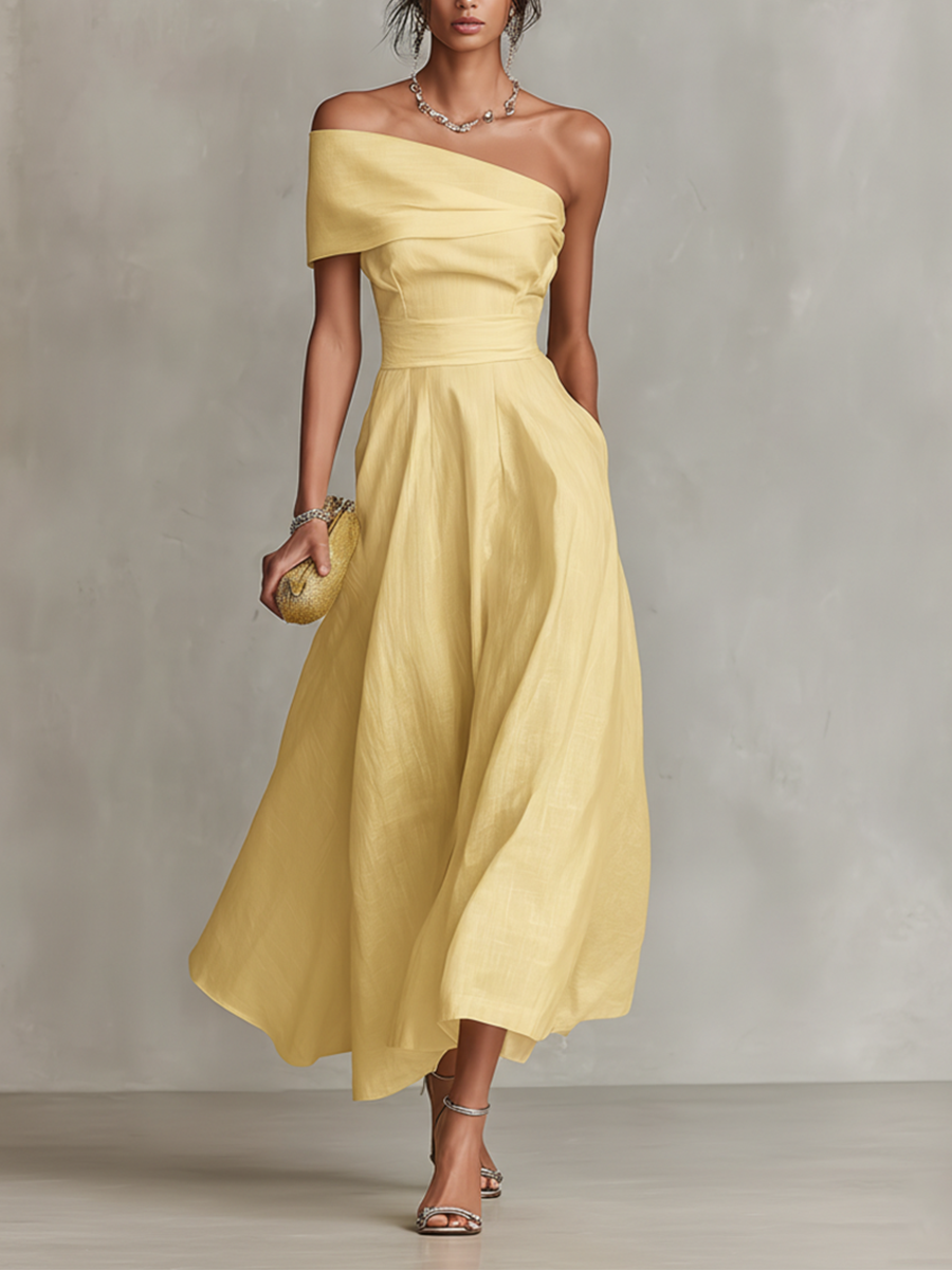 Olive | One-Shoulder Pleated Midi Dress