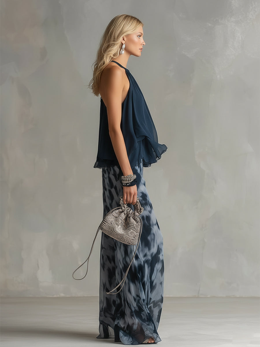 Ludovica | Ruffled Halter Top & Tie-Dye Wide-Leg Chiffon Set