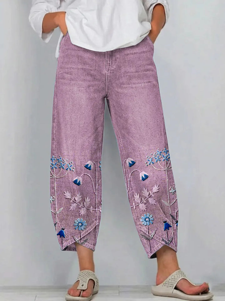 Purple | Floral Embroidered Casual Trousers