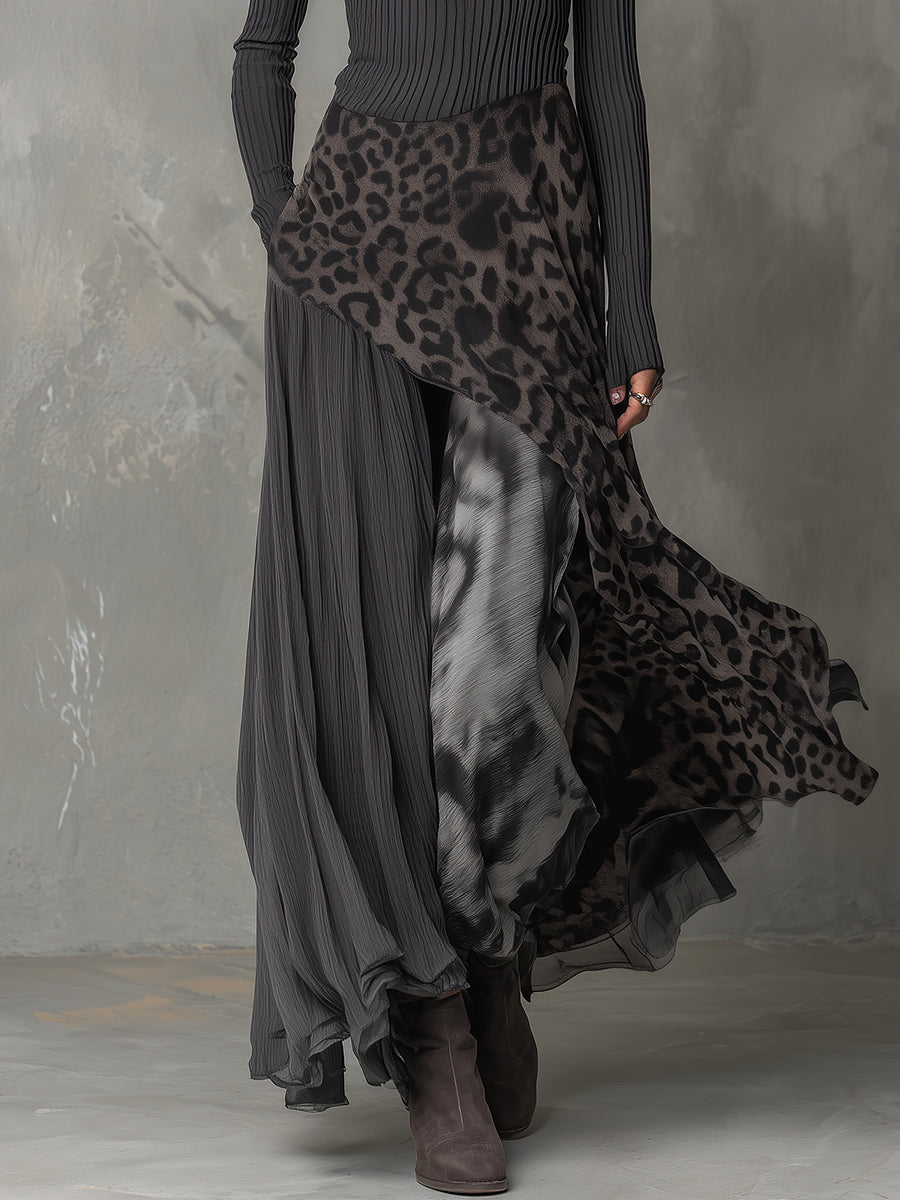 Martina | Ribbed Knit Top & Leopard Print Chiffon Maxi Skirt Set