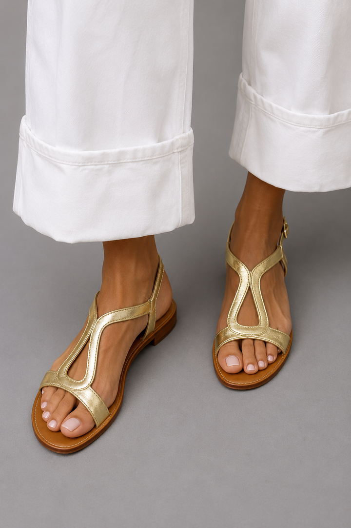 Ludovica | Gold T-Bar Slingback Flat Sandal