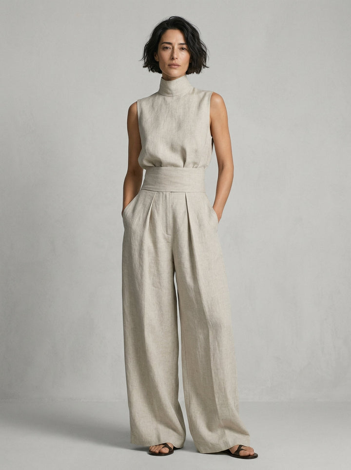 Nuria | Linen Turtleneck Top & Wide-Leg Trouser Set