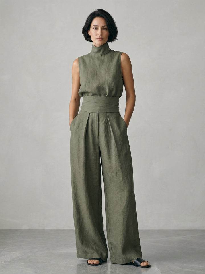 Nuria | Linen Turtleneck Top & Wide-Leg Trouser Set