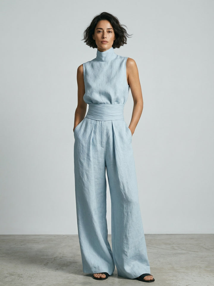 Nuria | Linen Turtleneck Top & Wide-Leg Trouser Set