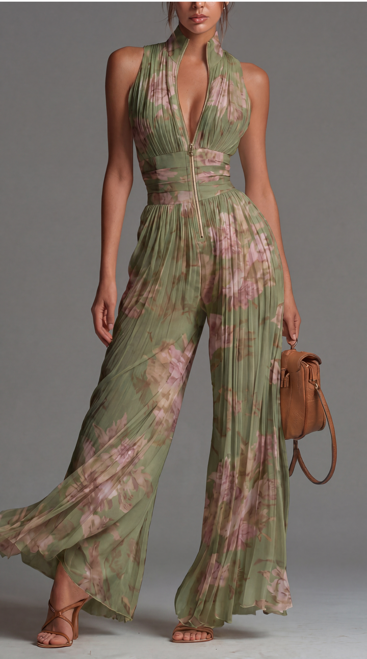 Paige | Floral Pleated Halter Wide-Leg Jumpsuit