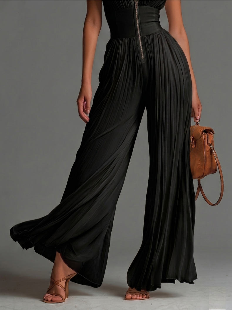 Phoebe | Black Pleated Halter Neck Wide-Leg Jumpsuit