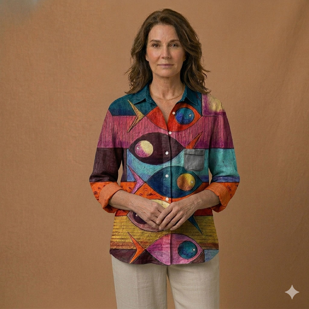Elena Artistic Fish Print Knit Blouse