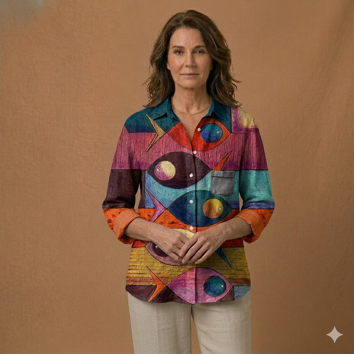 Elena Artistic Fish Print Knit Blouse