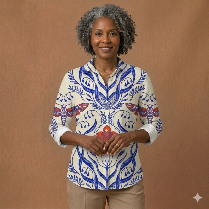 Allison Symmetrical Botanical Print Popover Blouse