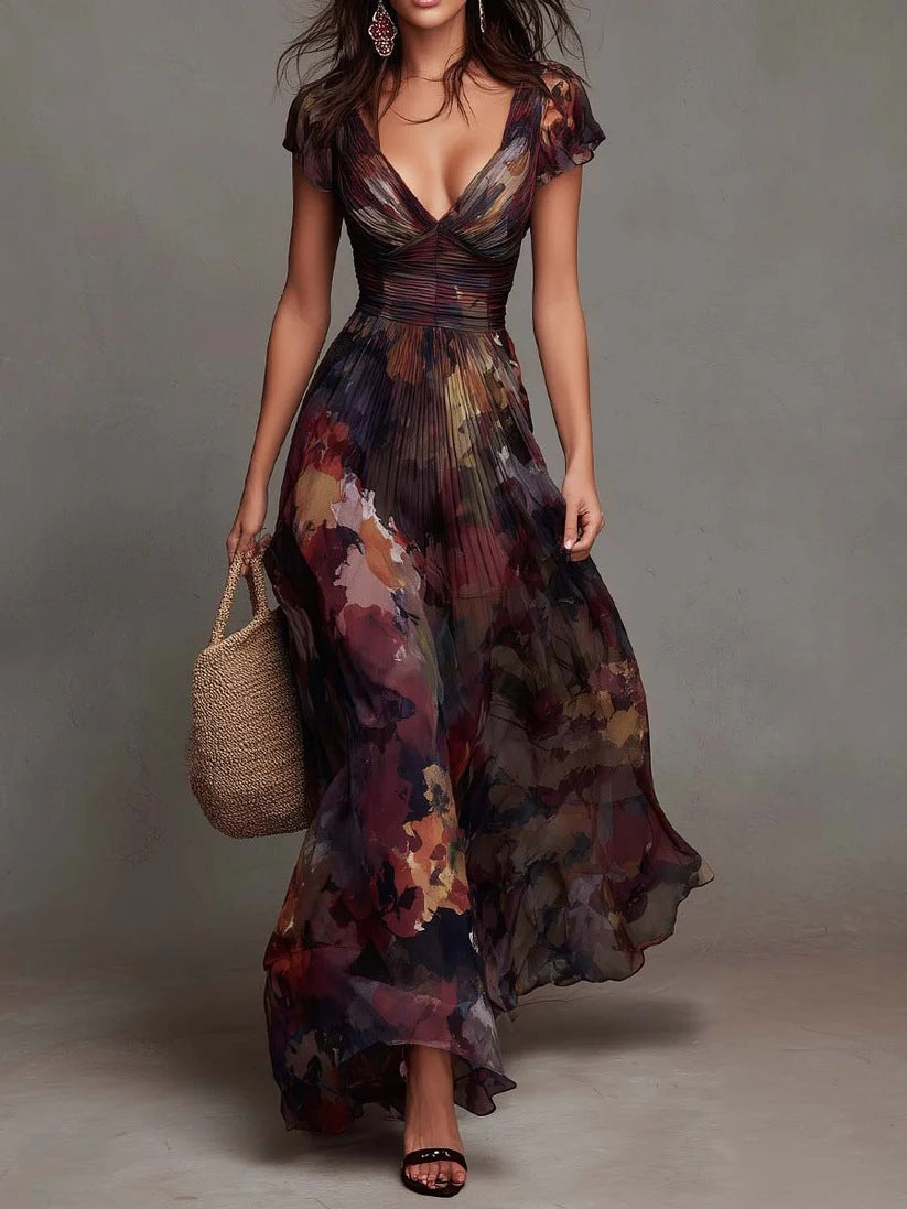 Rose | Watercolour Floral Pleated V-Neck Maxi Dress