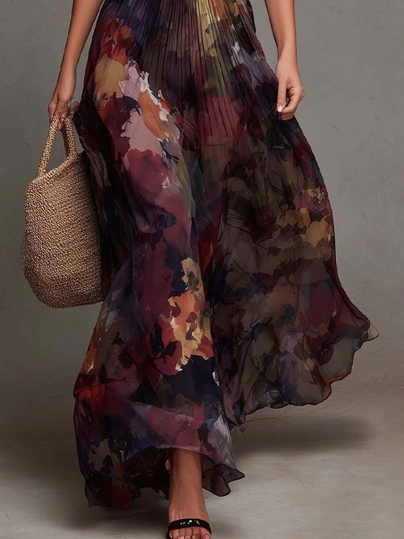 Rose | Watercolour Floral Pleated V-Neck Maxi Dress