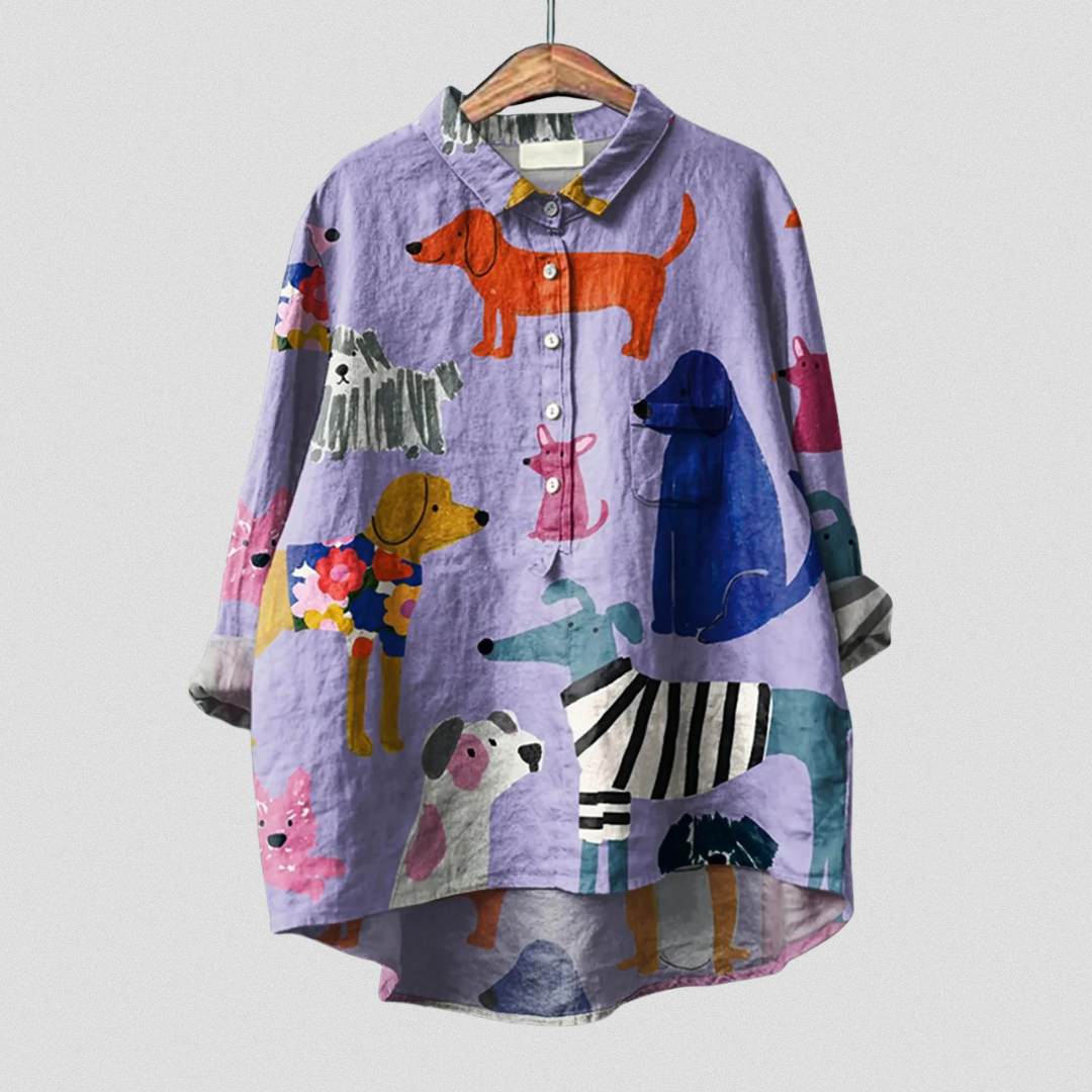 Skylar Playful Artsy Dog Print Knit Blouse
