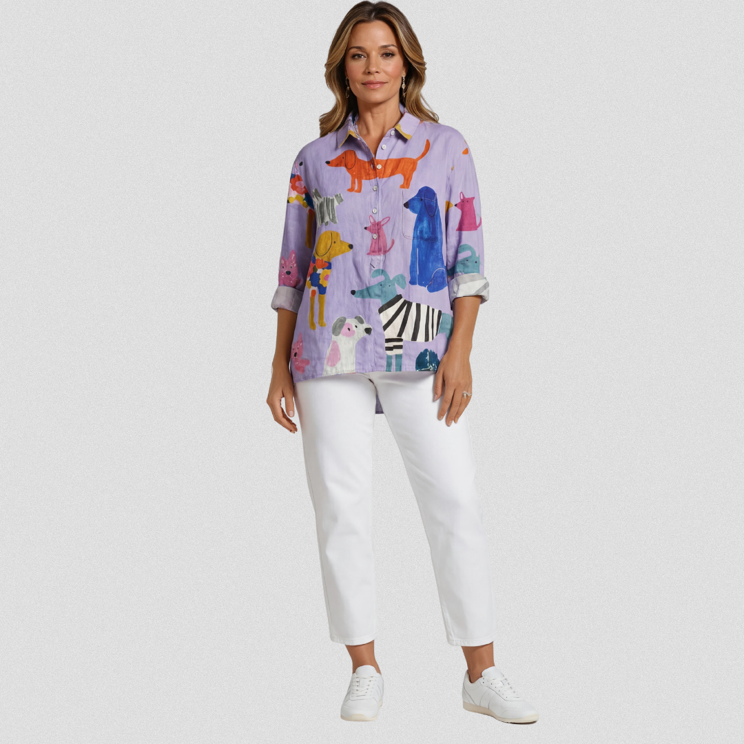 Skylar Playful Artsy Dog Print Knit Blouse