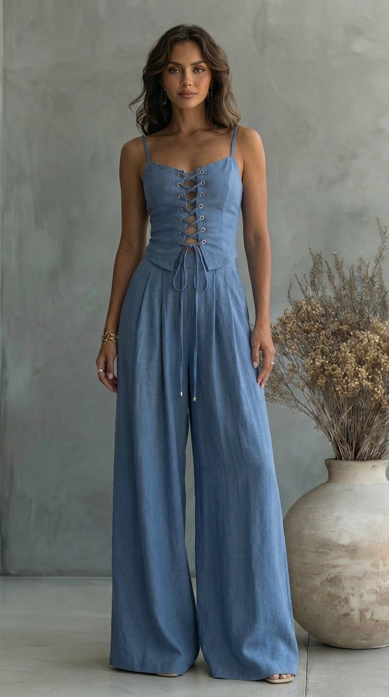Rebecca | Lace-Up Corset Top & Wide-Leg Linen Trouser Set