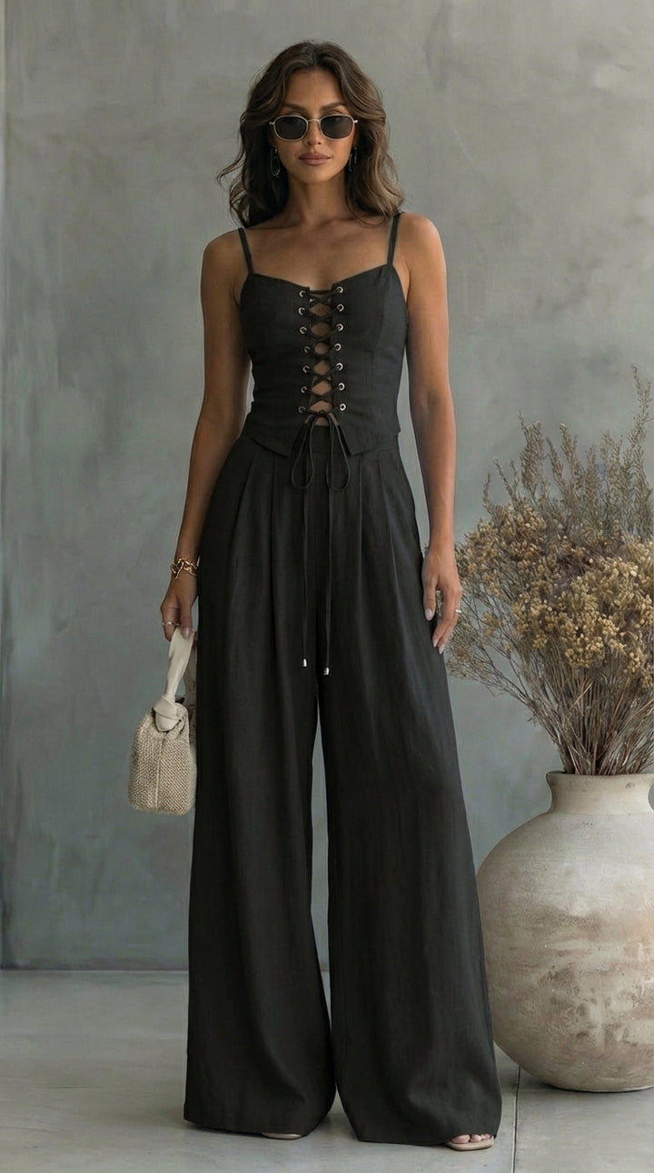 Rebecca | Lace-Up Corset Top & Wide-Leg Linen Trouser Set