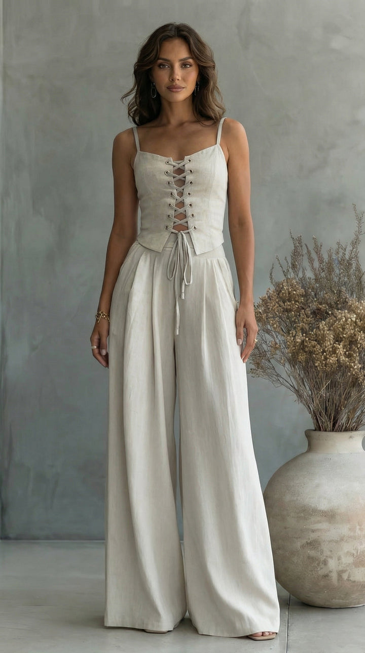Rebecca | Lace-Up Corset Top & Wide-Leg Linen Trouser Set