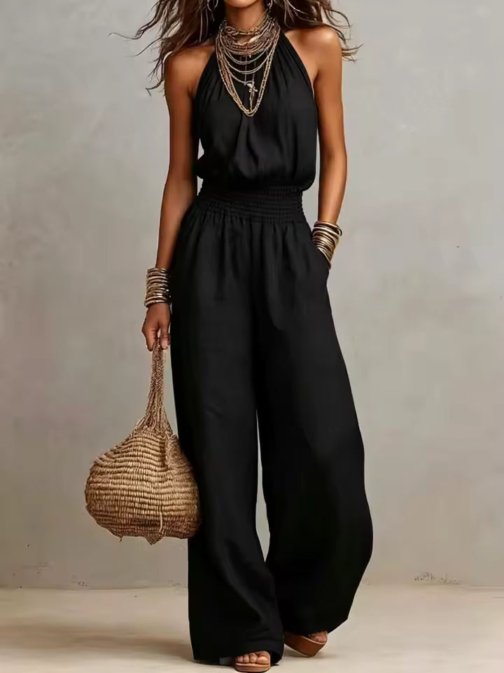 Valeria | Gathered Halter Wide-Leg Jumpsuit