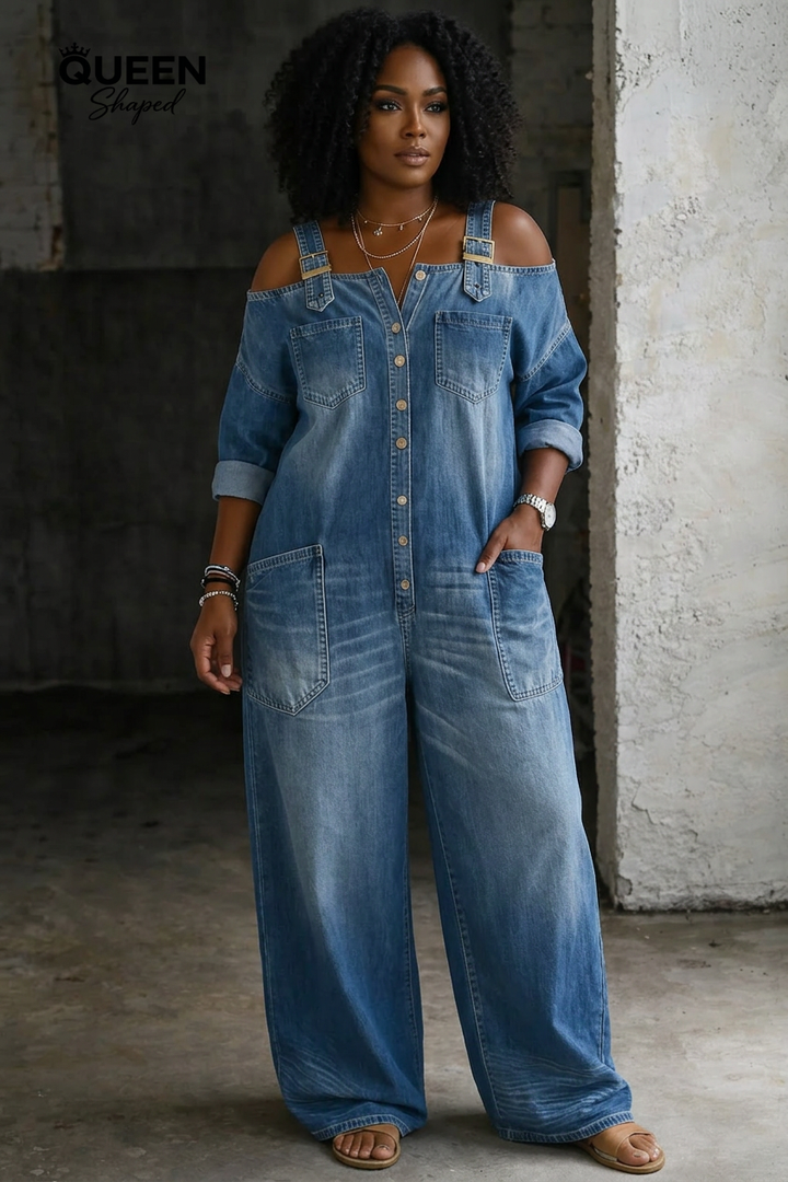 Stephanie | Off-Shoulder Washed Denim Jumpsuit