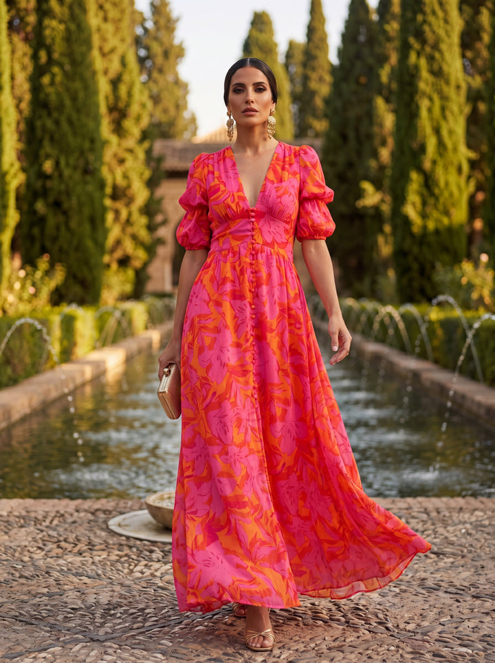 Olvera | Puff-Sleeve Floral Maxi Dress