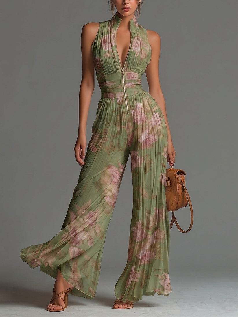 Paige | Floral Pleated Halter Wide-Leg Jumpsuit