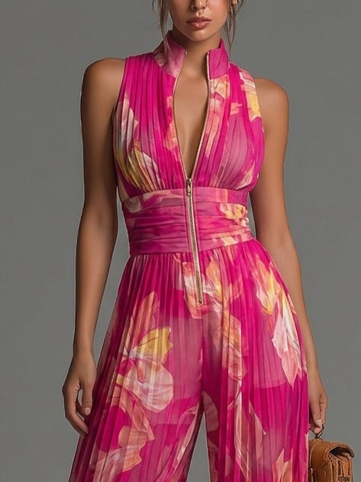 Olive | Floral Pleated Halter Neck Wide-Leg Jumpsuit